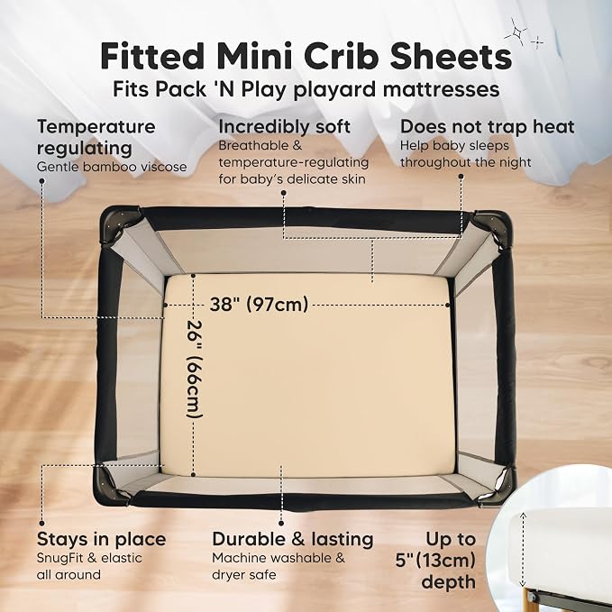 Pack and Play Sheets Fitted - 2-Pack Mini Crib Sheets for Pack N Play Mattress 38x26, Soft & Cozy, Neutral Toddler Playard Bedding, Snug Fitted Mini Baby Crib Mattress Cover Boy, Girl (Khaki)