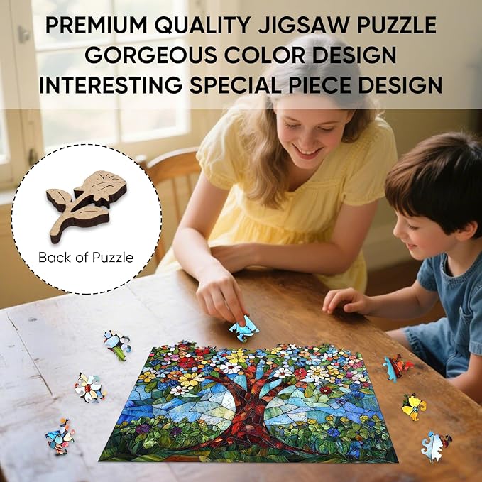 Ixfyloop Stained Glass Wooden Puzzles for Adults, Vibrant Tree of Life Jigsaw Puzzles, 213 Pieces Flower Adults Puzzles, Gifts for Puzzle Lover, 12.2x12.2 inch