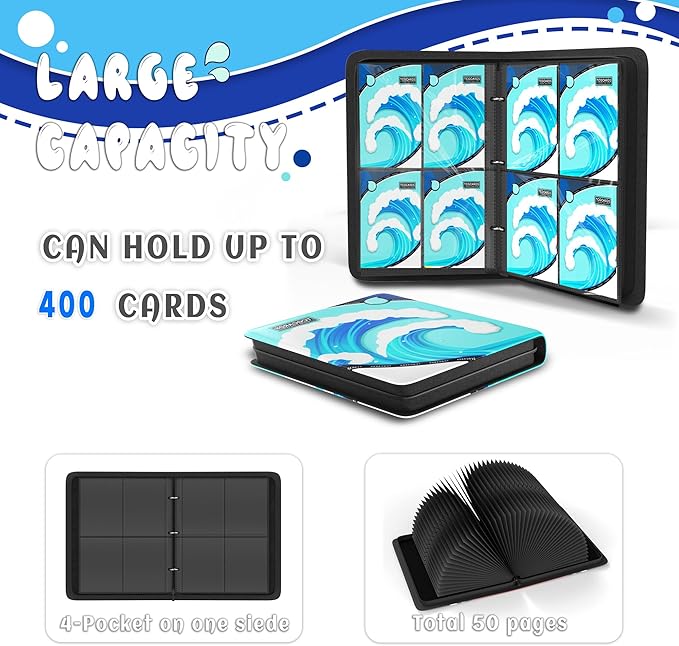 Trading Card Binder 4 Pocket,Card Binder 400 Pockets,Card Book Holder Cards with 50 Removable Sleeves,3-Ring Zip Design MTG/TCG/Sport Collectible Trading Card Albums Gifts for Boys and Girls(Water)
