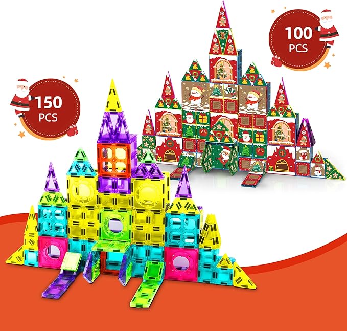250 PCS Magnetic Tiles for Kids,Magnetic Blocks for Kids with Christmas Theme, Magnetic Building Blocks Set, 3D SETM Educational Toddler Toys