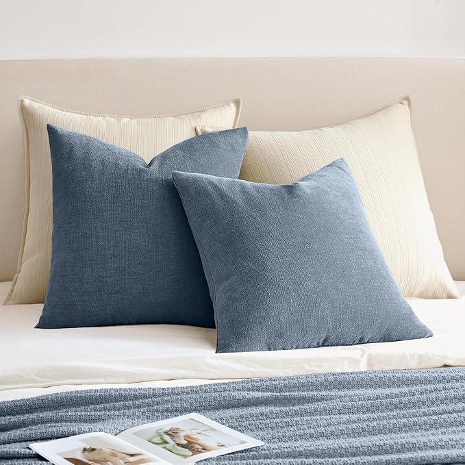MIULEE Dark Grey Blue Chenille Couch Throw Pillow Covers, 20x20 | Set of 2, Soft Coastal Home Decor, Modern Farmhouse Decorative Pillowcases for Sofa Living Room Bed