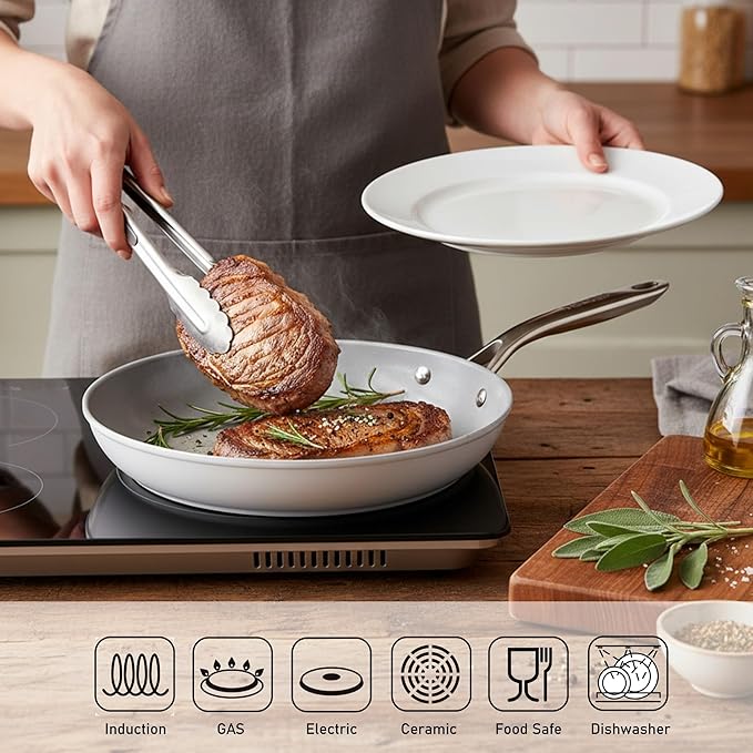 TECHEF - CeraTerra 12" Ceramic Nonstick Frying Pan Skillet with Glass Lid, (PTFE, PFAS, and PFOA Free), Dishwasher Oven Safe, Stainless Steel Handle, Induction-Ready, Made in Korea (12-in with Lid)