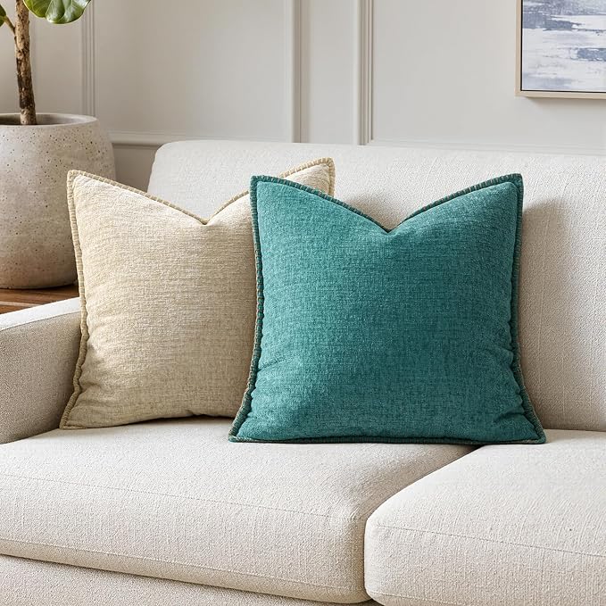 MIULEE Decorative Couch Throw Pillow Covers 18x18 Inch Teal 2 Pack | Farmhouse Pillow Covers with Stitched Edge, Soft Chenille Cushion Cases, for Sofa Bed Living Room Home Decor