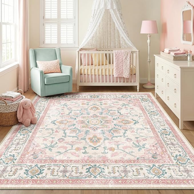 CAPALOCA Square 8ft Washable Nursery Girls Low Pile Area Rug Pink Teal | Non-Slip Soft Rugs for Bedroom Kids Playroom Living Room, Print Pattern Water Repellent Carpet Indoor Decor