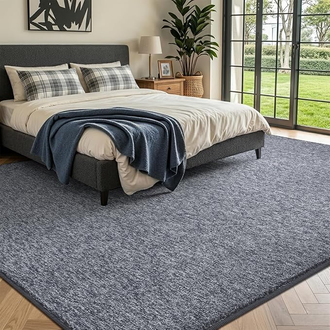 FinRèc 8x10 Washable Area Rugs for Bedroom Living Room, Low Pile Thin Rug Solid Color, Non-Slip Carpet Indoor for Home Decor (Grey Blue/White)