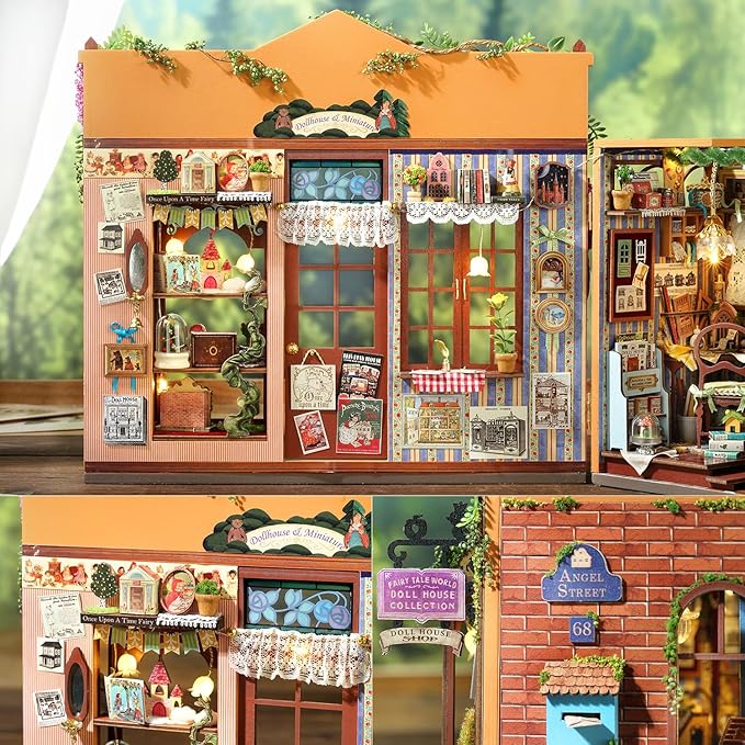 TuKIIE DIY Miniature House Kit with Furniture, 1:24 Scale Creative Room Opened & Closed Wooden Doll House Book Nook Plus Dust Proof for Kids Teens Adults(Dollhouse Shop)