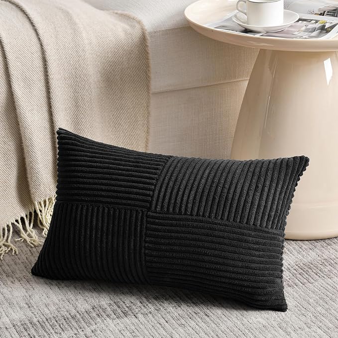 Fancy Homi 2 Packs Black Lumbar Decorative Throw Pillow Covers 14x24 Inch for Couch Bed Sofa, Rustic Farmhouse Boho Home Decor, Soft Striped Corduroy Rectangle Accent Cushion Case 35x60 cm
