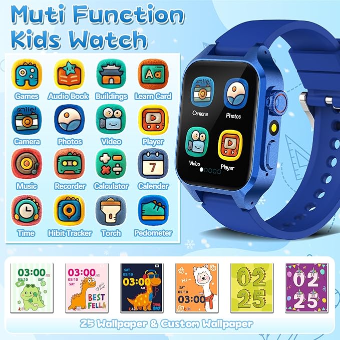 Smart Game Watch for Kids with 32 Games, Telescopic Camera, Pedometer, Alarm, Video, Music, Auidobook, Learn Card, Parental Control, Kids Wrist Watch for Ages 4-12 Girls Boys Chrismars Birthday Gifts