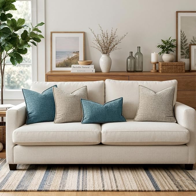MIULEE Decorative Couch Throw Pillow Covers 18x18 Inch Light Taupe 2 Pack | Neutral Farmhouse Pillow Covers with Stitched Edge, Soft Chenille Cushion Cases, for Sofa Bed Living Room Home Decor