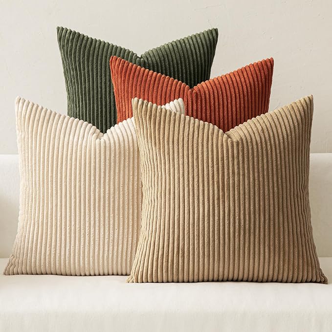 MIULEE Fall Corduroy Decorative Throw Pillow Covers Rust-Olive Green 18x18 | Set of 4, Vintage Fall Decor, Rustic Brown Green Collection, Boho Farmhouse Cushion Covers for Couch Bed Sofa Living Room