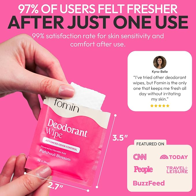 FOMIN Acidified Travel Deodorant Wipes For Women & Men - 15 Count - Patchouli Blossom - pH Balanced, Mini Deodorant Travel Size Wipes - Plastic-Free, Individually Wrapped Underarm Body Wipe