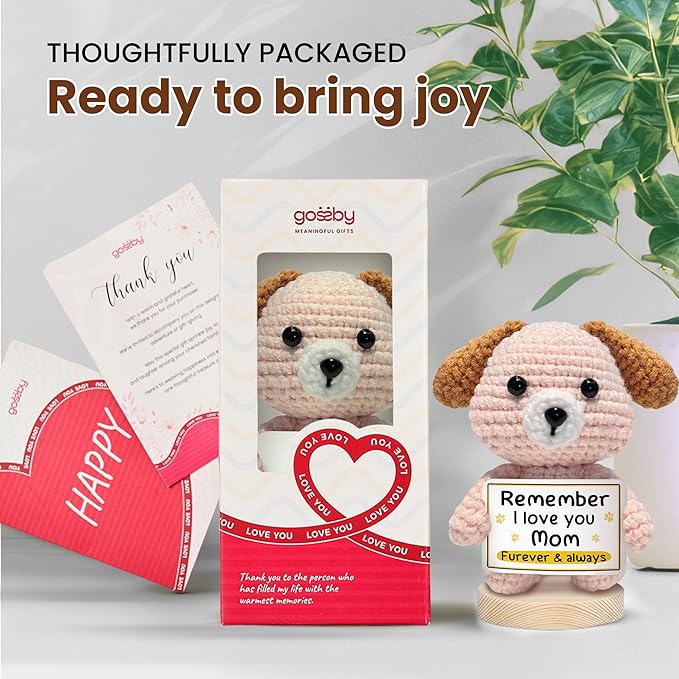 Gossby Handmade Positive Dog Crochet with Message - Gift for Mom - I Love You FUREVER & Always - Mom Gifts from Daughter, Son, Kid - Mothers Day, Christmas, Birthday Gift - Knitted Decor