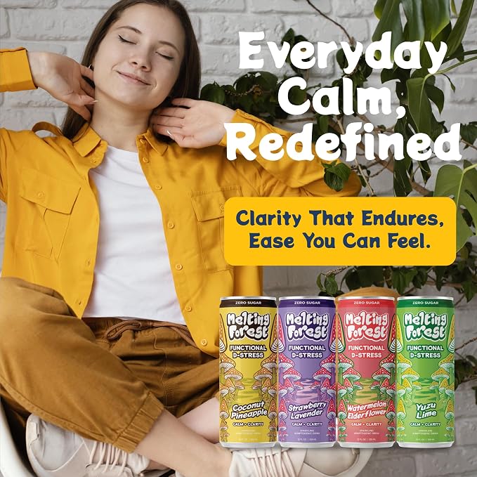 Melting Forest Functional Mushroom D-Stress - Adaptogen Drink with L-Theanine, Reishi, Lion's Mane & Magnesium - Relaxation Drinks for Stress Relief - Zero Sugar, 5 Calories - Variety Pack (12-Pack)