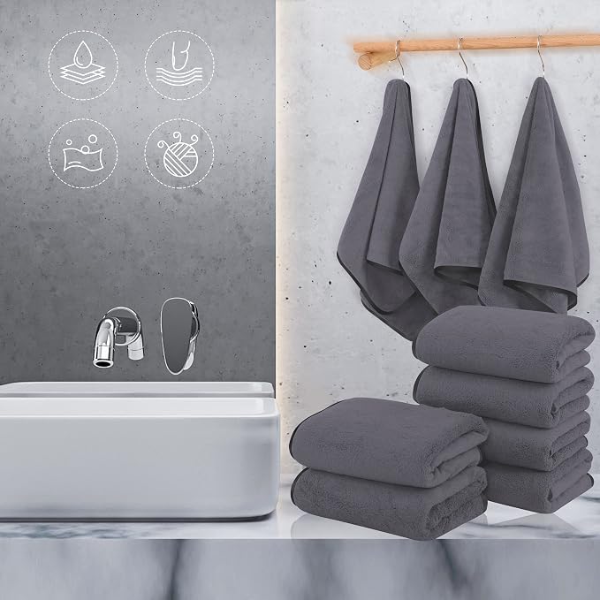 TENSTARS Silk Hemming Hand Towels for Bathroom - Quick Drying - Ultra Soft Microfiber Absorbent Towel for Bath Fitness, Gym, Shower, Hotel, and Spa - 16x28 Inch | Set of 6, Dark Grey