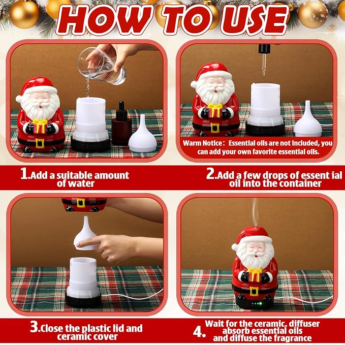 Glooglitter 120ml Retro Santa Claus Ceramic Santa Claus Diffuser Christmas Essential Oil Diffuser Gift Holiday Present for Essential Oil Small Aromatherapy Humidifier Warmer for Home Office Decor