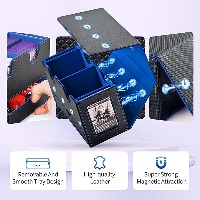 UAONO Card Deck Box for MTG, Double Deck Storage Box with 2 Commander Display & 1 Dice Tray, Fits 200+ Double Sleeved, Card Organizer for CCG TCG Sports (Black Blue)
