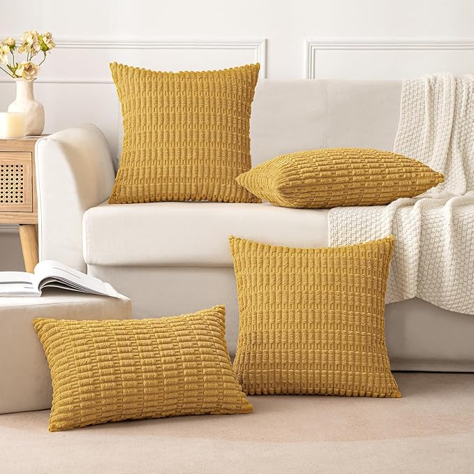 MIULEE Corduroy Decorative Throw Pillow Covers 18x18 Yellow Pack of 2 | Soft Boho Striped Pillow Covers Modern Farmhouse Home Decor For Sofa Living Room Couch Bed