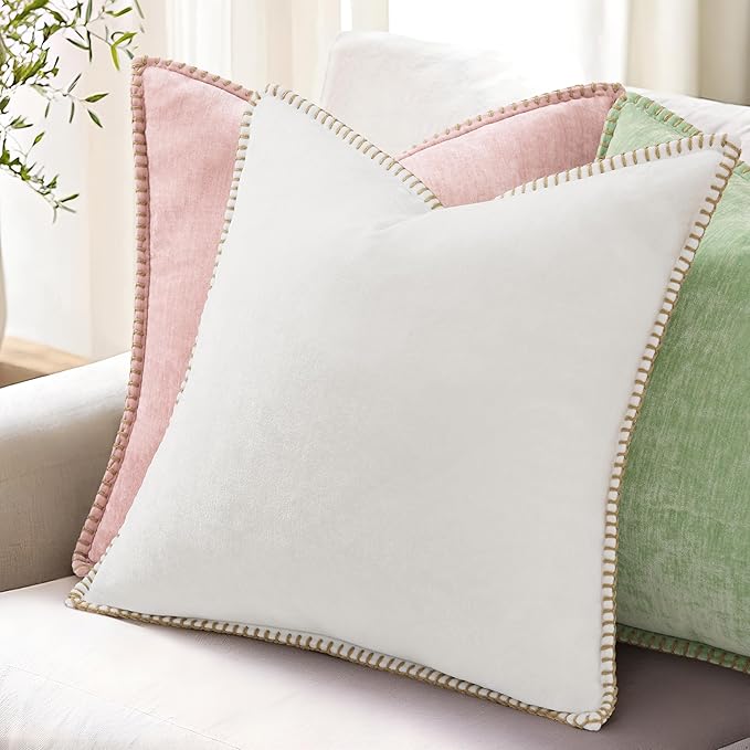 decorUhome Soft Chenille Throw Pillow Covers 20x20 Set of 2 Sage Green | Fall Textured Decorative Throw Pillow Cases Stitched Edge Modern Farmhouse Luxury Boho Velvet for Couch Sofa Bed Home Decor