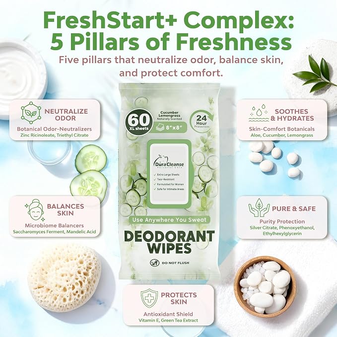 XL Deodorant Wipes for Women - 60 Ct. + 4 Travel Body Wipes Individually Wrapped - 8"x8" Odor Eliminator Towelettes for Underarm, Body, Feet - pH Balanced Armpit Smell Remover for Gym & Post Workouts