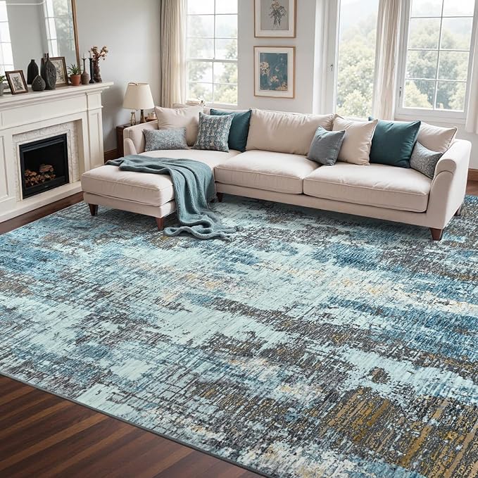 8x10 Ft Large Area Rugs for Living Room, Soft Non-Slip Washable Rugs Modern Abstract Pattern Carpet for Bedroom Indoor Floor Nursery Home Decor (Blue)