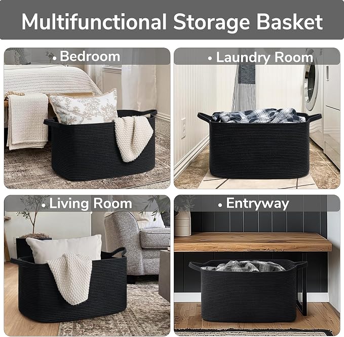 Goodpick Large Woven Rope Blanket Basket, Rectangle, Black, 75L | 21.6'' x 14.9'' x 11.8'' Storage Basket for Blankets, Toys & Pillows, Living Room & Bedroom Organization, Reinforced Handles