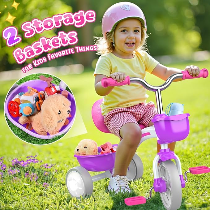 Toddler Tricycle for 1-3 3-5 Year Olds, 2 3 4 5 Year Old Girl Birthday Gifts, Toddler Baby Bike, Outdoor Riding Toys for Ages 2-4, 4-Level Adjustable Seat, 3 Color Light Wheels, 2 Baskets