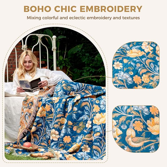 LUTBM Boho Throw Blanket for Couch 50"x60", Cotton Decorative Bed Throws | Blue Reversible Floral Birds Jacquard, All-Season Lightweight Soft Blankets, For Chair Sofa Bedroom Living Room, Home Decor