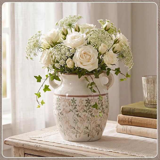 LemonRoad Vintage Planter Large Ceramic Plants Pot Beige Chinoiserie Floral Cottage Scroll Vase Flower Pot Indoor Home Farmhouse Kitchen Antique Decorative Gifts(Green Leaf Vine,7.7 Inch)