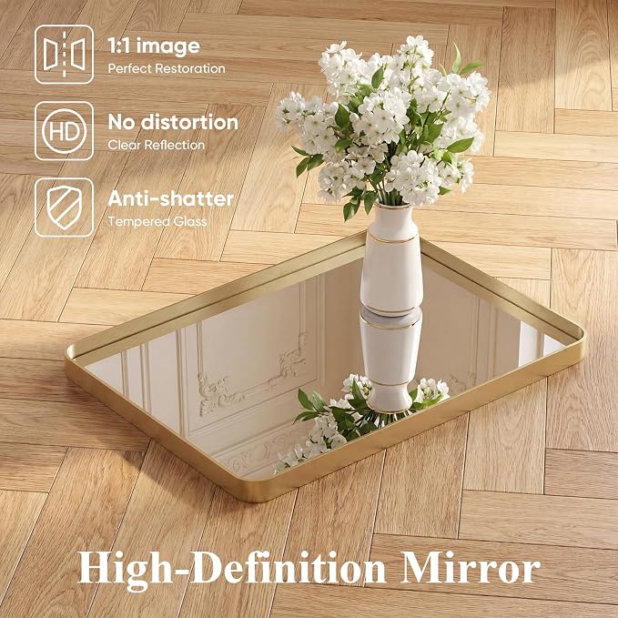 Sweetcrispy Bathroom Wall Mirror, 32x24 Inch Wall Mount Mirror for Over Sink, Modern Rounded Rectangle Vanity Mirrors with Matte Metal Framed, for Home Decor, Living Room, Bedroom, Gold
