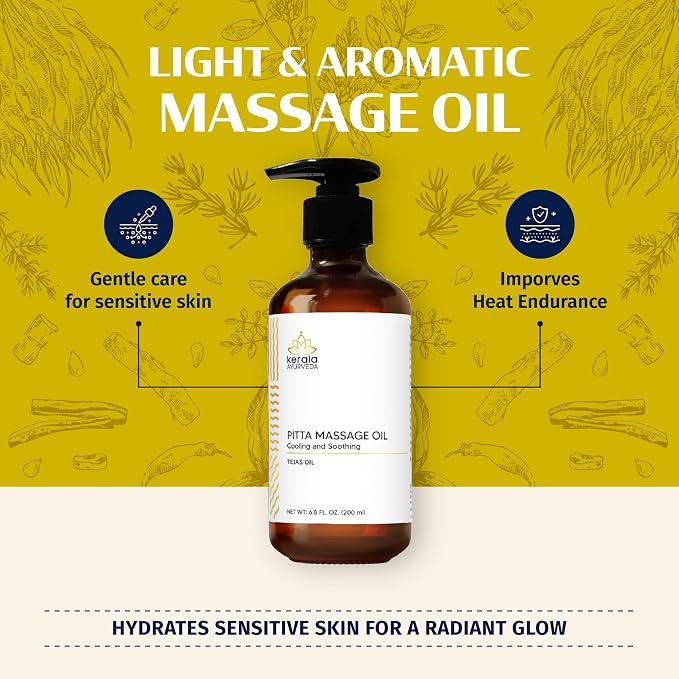 Kerala Ayurveda Cooling Herbal Massage Body Oil | Mind Calming Properties | Nourishes & Hydrates Skin | Indian Madder Root Rich | Ideal for Balancing Pitta Dosha | Tejas Oil - 6.8 Fl Oz