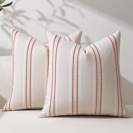 Hckot Christmas Throw Pillow Covers 22x22 Set of 2 Xmas Decor Pillows Red | Textured Striped, Xmas Decorations, Winter Holiday Decorative Pillow Covers, Sofa Living Room Farmhouse Decor