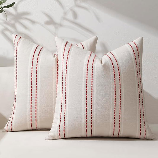 Hckot Christmas Pillow Covers 18x18 Set of 2 Winter Decorative Pillows Red | Striped Linen Throw Pillow Covers Square Cushion Covers for Sofa Couch Bed Living Room Xmas Decorations(Red)