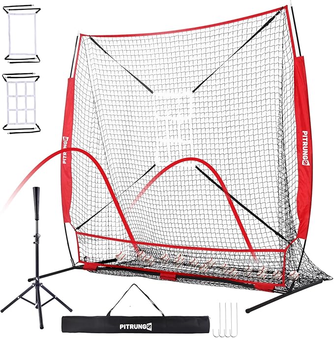 Baseball Softball Tee Batting Tee for Hitting T tee Ball Set Stand Baseball Softball Hitting Pitching Screen Net for Kids Teens Batting Net Set Training Equipment W/Carry Bag for Outdoor