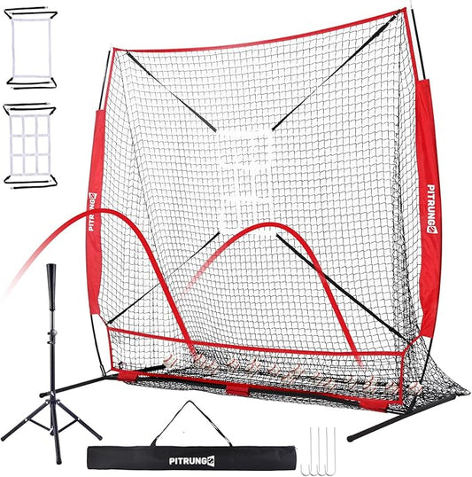 Baseball Softball Tee Batting Tee for Hitting T tee Ball Set Stand Baseball Softball Hitting Pitching Screen Net for Kids Teens Batting Net Set Training Equipment W/Carry Bag for Outdoor