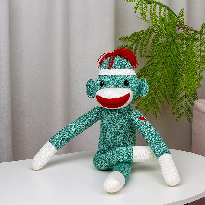 Plushland Adorable Green Sock Monkey, The Original Traditional Hand Knitted Stuffed Animal Toy Gift-for Kids, Babies, Teens, Girls & Boys Baby Doll Present Puppet 20"