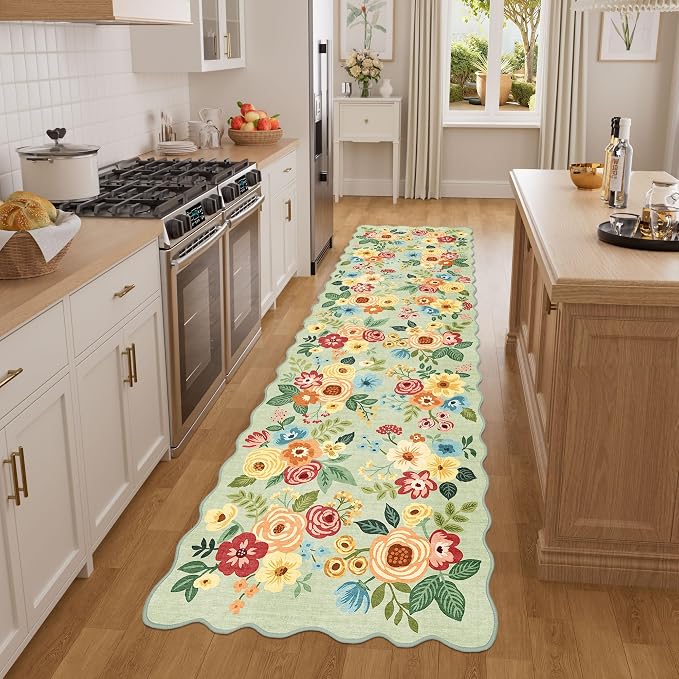 DUKINO 2x7 Runner Rug for Hallway, Floral Washable Rug for Kitchen, Green | Low Pile, Stain Resistant, Soft Throw Carpet Runner for Entryway, Bedroom, Bathroom, Laundry, Pet Friendly, Modern Home Decor