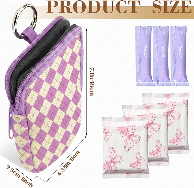 2 Pack Portable Tampon Holder Zippered Pouch with Snap Hook, Waterproof Travel-Friendly Discreet Period Bag, Feminine Products Organizer for Women Purse (Diamond（Purple+Blue)