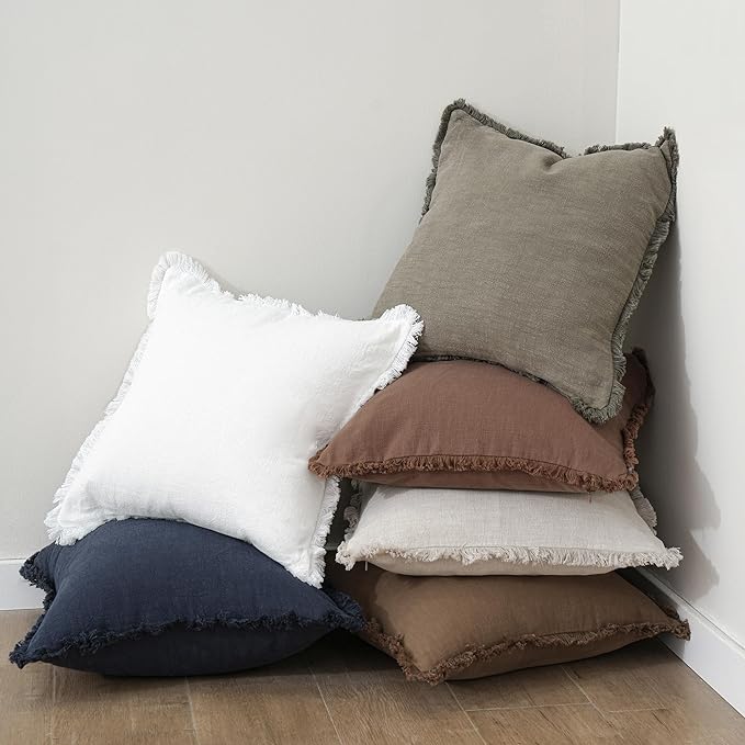 Foindtower Set of 2 Decorative Linen Fringe Throw Pillow Covers Cozy Boho Farmhouse Cushion Cover with Tassels Soft Accent Pillowcase for Couch Sofa Bed Living Room Home Decor, 16×16 Inch, Navy Blue