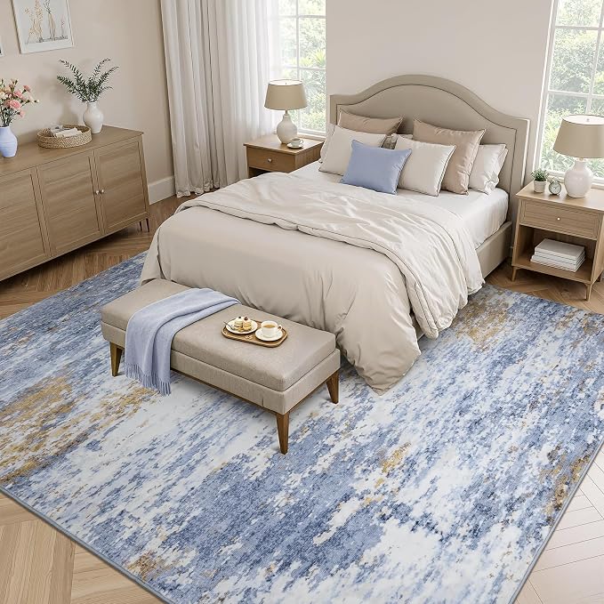 8x10 Area Rug for Living Room, Abstract Washable Large Rugs, Light Blue | Neutral Carpet for Bedroom, Dining Room, Home Office Nursery, Indoor, Stain Resistant, Low Pile, Non-Slip, Modern Rug
