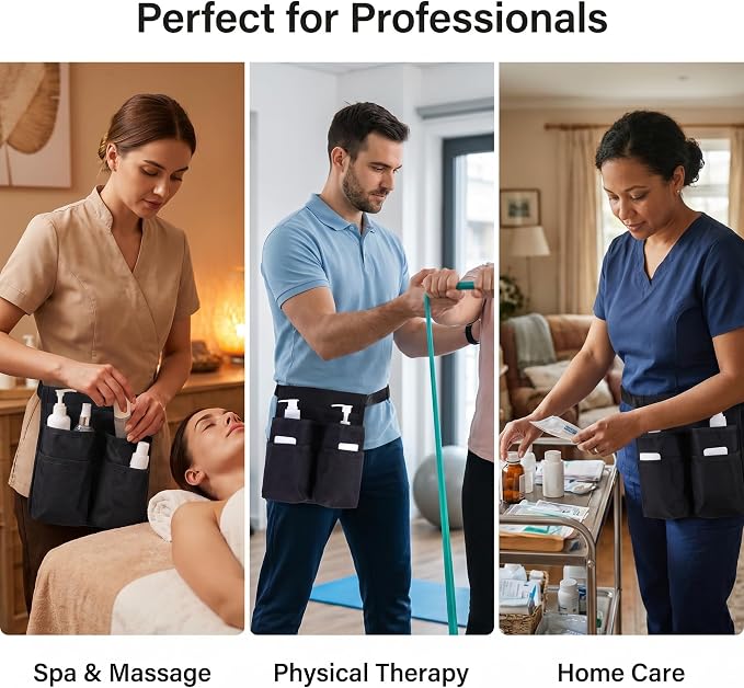 Massage Oil Holster Belt for Therapists, Massage Bottle Holder Waist Bag with Adjustable Belt, Massage Lotion Holster Organizer with Multi Pockets for Massage Therapy Supplies & Table Accessories