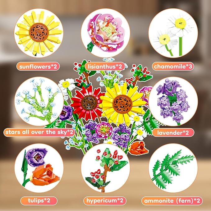 Flower Bouquet Building Set, 976 PCs Botanical Collection Kit with Sunflowers, Chamomile, Lavender, Lulips, DIY Unique Office Home Decor Gift for Christmas, Mother's Day & Valentine