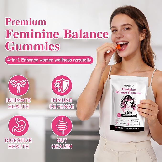 Feminine Balance Gummies for Women, Sugar Free Premium Feminine Balance Gummies for pH Balance, Healthy Odor, Vaginal Flora & Immune Support, Vegan Hawaiian Pineapple Female Vaginal Gummy, 60 Count