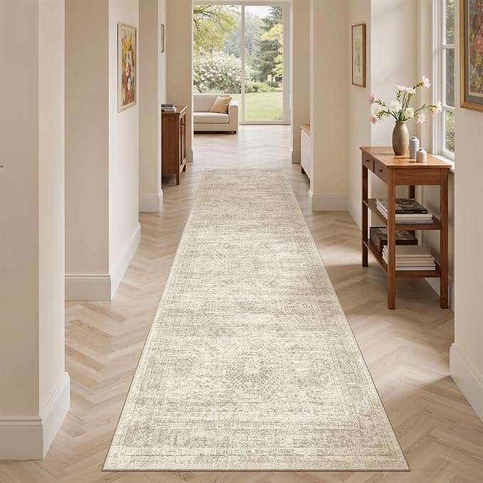 Soalmost Runner Rug 2x8 Washable Non-Slip Hallway Kitchen Runners Beige | Stain Resistant Vintage Rugs for Bathroom Laundry Room, Low Pile Foldable Floor Carpet Mat for Entryway Corridor Bedroom