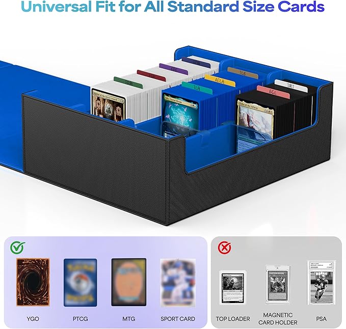 UAONO Trading Card Storage Box, Holds 1800 Sleeved Cards with 10 Dividers & 3 Stoppers, Magnetic Closure PU Leather Card Case for MTG, PTCG, YGO, Sports Cards (Black&Blue)