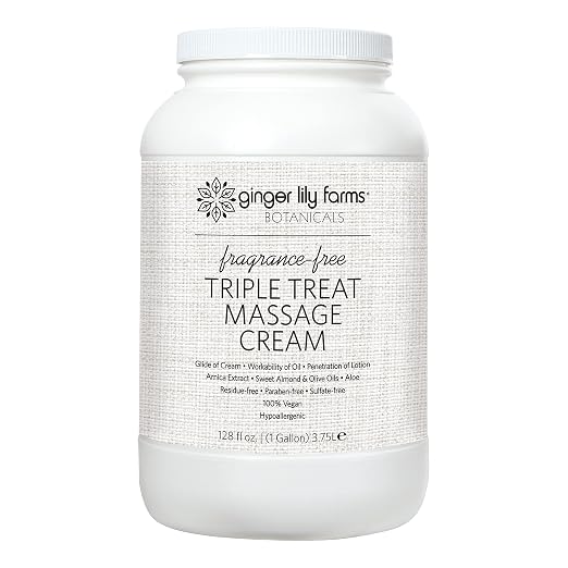 Ginger Lily Farms Botanicals Triple Treat Massage Cream, 100% Vegan & Cruelty-Free, Fragrance-Free, 1 Gallon