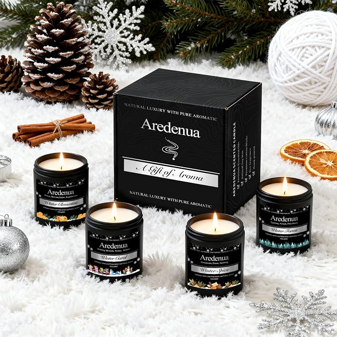 Winter Candles Set – 4 Pack Holiday Scented Candles, 28oz Soy Candle for Home Scented, Cozy Scents of Winter Carol/Spice/Clementine/Forest - Holiday Candle Gifts for Women Men