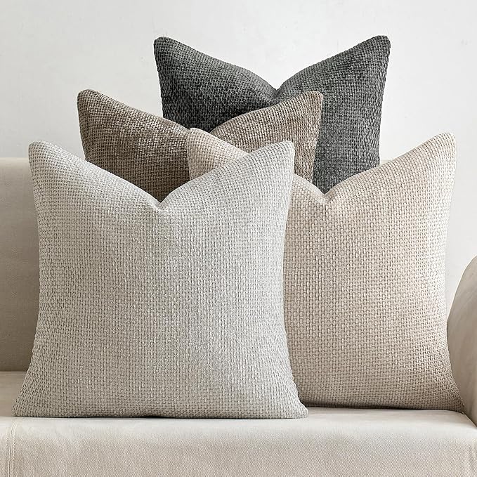 MIULEE Soft Decorative Chenille Pillow Covers Neutral 20x20 Pack of 4 | Mid Century Modern Decor, Cream to Charcoal Set, Couch Throw Pillows, Farmhouse Boho Cushion Covers for Sofa Bed Living Room