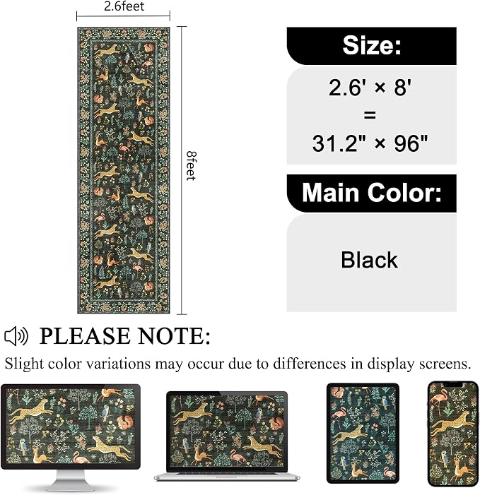 DUKINO 2.6x8 Rug for Hallway, Washable Kitchen Runner Rug Non Slip, Black | Low Pile, Stain Resistant, Soft Animal Indoor Carpet Runner for Entryway, Bedroom, Bathroom, Laundry, Lightweight, Home Decor
