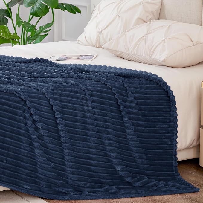 BEDELITE 3D Ribbed Jacquard Navy Blankets Queen Size for Bed, 90x90 Inch | Soft Warm Decorative Fluffy Blanket, Cozy Fuzzy Lightweight Plush Fleece Throw Blankets for Bed, Room Decor, Gift for Women