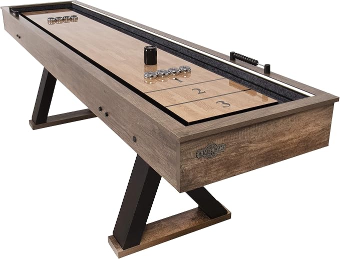 American Legend Kirkwood 9’ Shuffleboard Table with LED Rails, Bowling Game Set, Rustic Wood Finish & Accessories Included